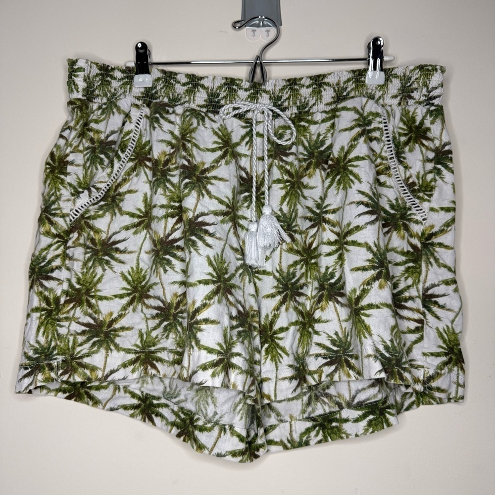 BRIGGS Tropical Linen Blend Beachy Boho Drawstring Tassel Stretchy Flowy Shorts